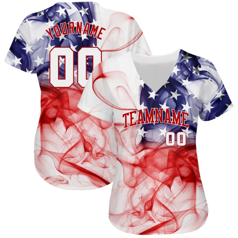 3D American Flag Custom Baseball Jersey - Authentic White and Red Design Custom White White-Red 3D American Flag Authentic