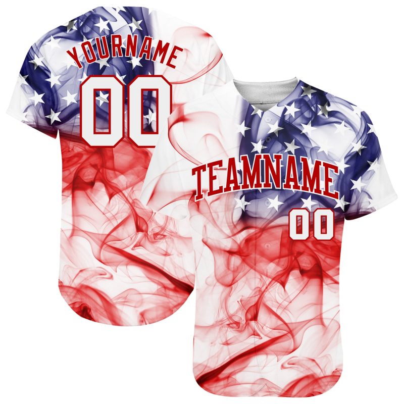 3D American Flag Custom Baseball Jersey - Authentic White and Red Design Custom White White-Red 3D American Flag Authentic