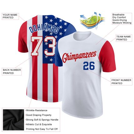 Custom 3D American Flag Performance T-Shirt - White Red - USA Patriot Tee Custom White White-Red 3D American Flag Performance