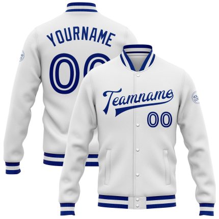 Custom White-Royal Varsity Letterman Bomber Jacket - Full-Snap Design Custom White White-Royal Bomber Full-Snap Varsity Letterman