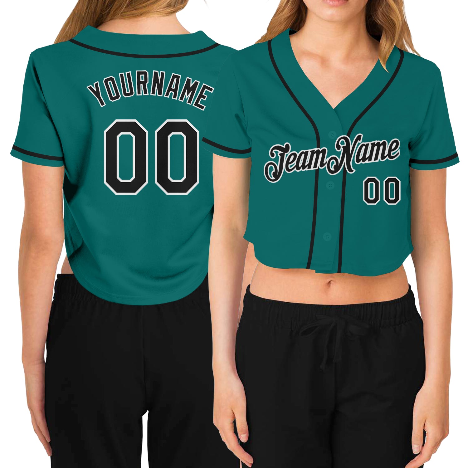 Custom Women's Aqua Black-White V-Neck Cropped Baseball Jersey Custom Aqua Black-White V-Neck Womens Cropped Baseball Jersey Custom Women's Aqua Black-White V-Neck Cropped Baseball Jersey