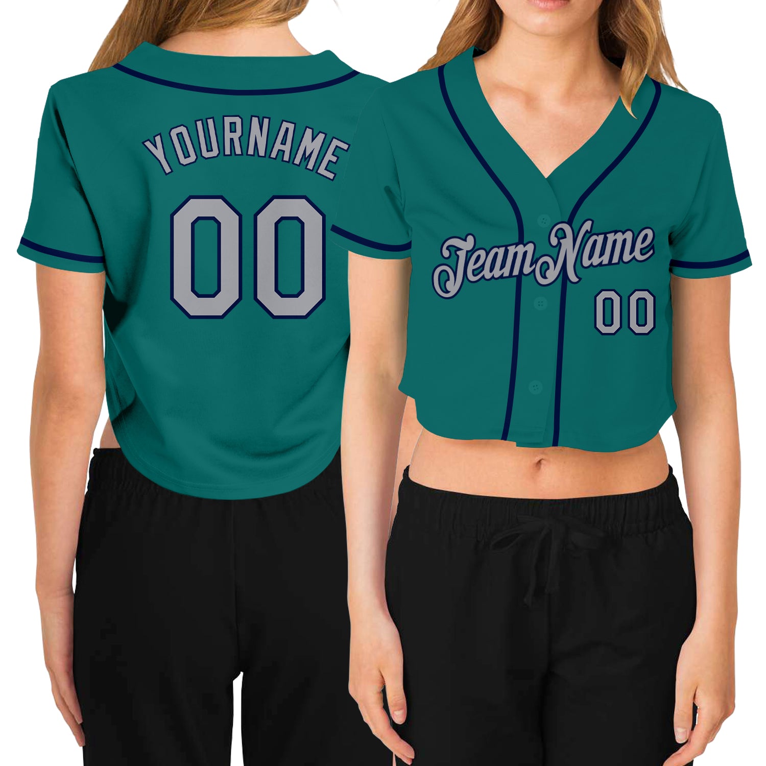 Custom Womens V-Neck Aqua Gray-Navy Baseball Jersey - Cropped Style Custom Women's Aqua Gray-Navy V-Neck Cropped Baseball
