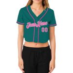 Aqua Pink White Custom Womens V-Neck Cropped Baseball Jersey Custom Women's Aqua Pink-White V-Neck Cropped Baseball Jersey