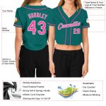 Aqua Pink White Custom Womens V-Neck Cropped Baseball Jersey Custom Women's Aqua Pink-White V-Neck Cropped Baseball Jersey
