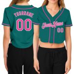 Aqua Pink White Custom Womens V-Neck Cropped Baseball Jersey Custom Women's Aqua Pink-White V-Neck Cropped Baseball Jersey