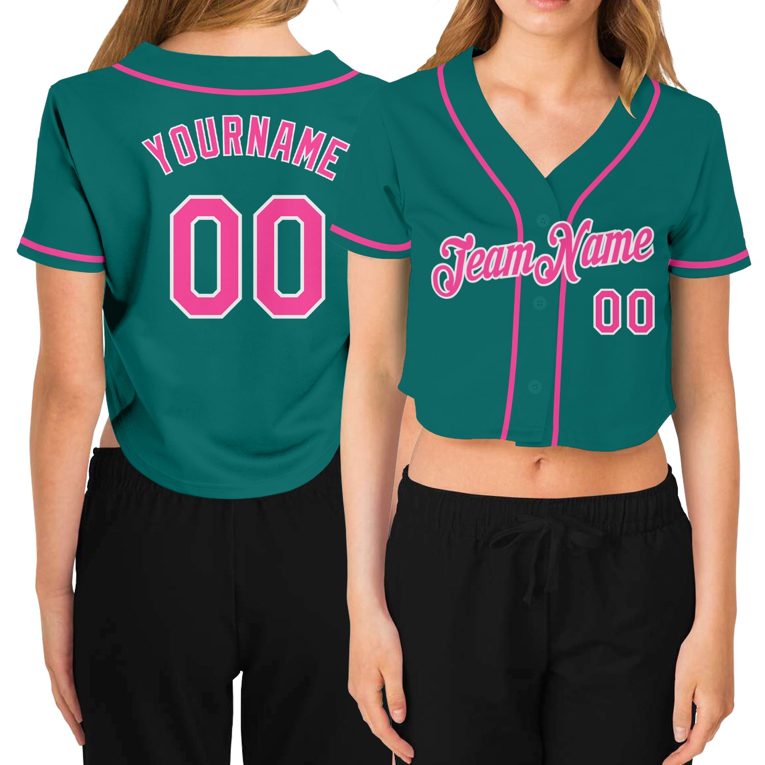 Custom Women's Aqua Pink-White V-Neck Cropped Baseball Jersey Aqua Pink White Custom Womens V-Neck Cropped Baseball Jersey Custom Women's Aqua Pink-White V-Neck Cropped Baseball Jersey