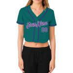 Womens Custom Aqua Purple White Baseball Jersey V-Neck Cropped Style Custom Women's Aqua Purple-White V-Neck Cropped Baseball