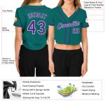 Womens Custom Aqua Purple White Baseball Jersey V-Neck Cropped Style Custom Women's Aqua Purple-White V-Neck Cropped Baseball