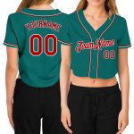 Custom aqua, red and white women's cropped baseball jersey