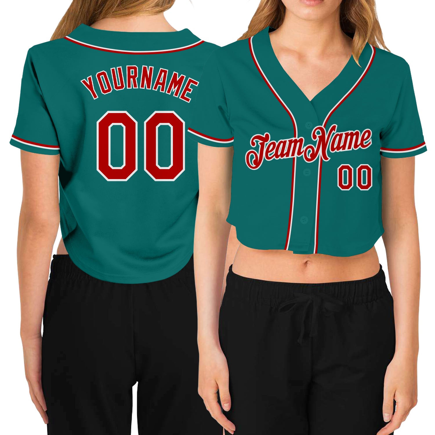Custom aqua, red and white women's cropped baseball jersey