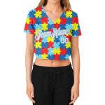 Custom Womens Autism Awareness Puzzle Pieces 3D V-Neck Cropped Baseball Jersey - White-Light Blue Custom Women's Autism Awareness
