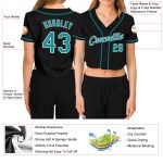Custom Womens Black Aqua White V-Neck Cropped Baseball Jersey 即将到来 Custom Women's Black Aqua-White V-Neck Cropped Baseball