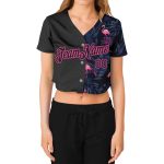 Custom Womens Black Pink Flamingo 3D V-Neck Cropped Baseball Jersey Custom Women's Black Black-Pink Flamingo 3D V-Neck Cropped