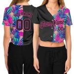 Custom Womens Black Pink 3D V-Neck Cropped Summer Baseball Jersey Custom Women's Black Black-Pink Summer 3D V-Neck Cropped