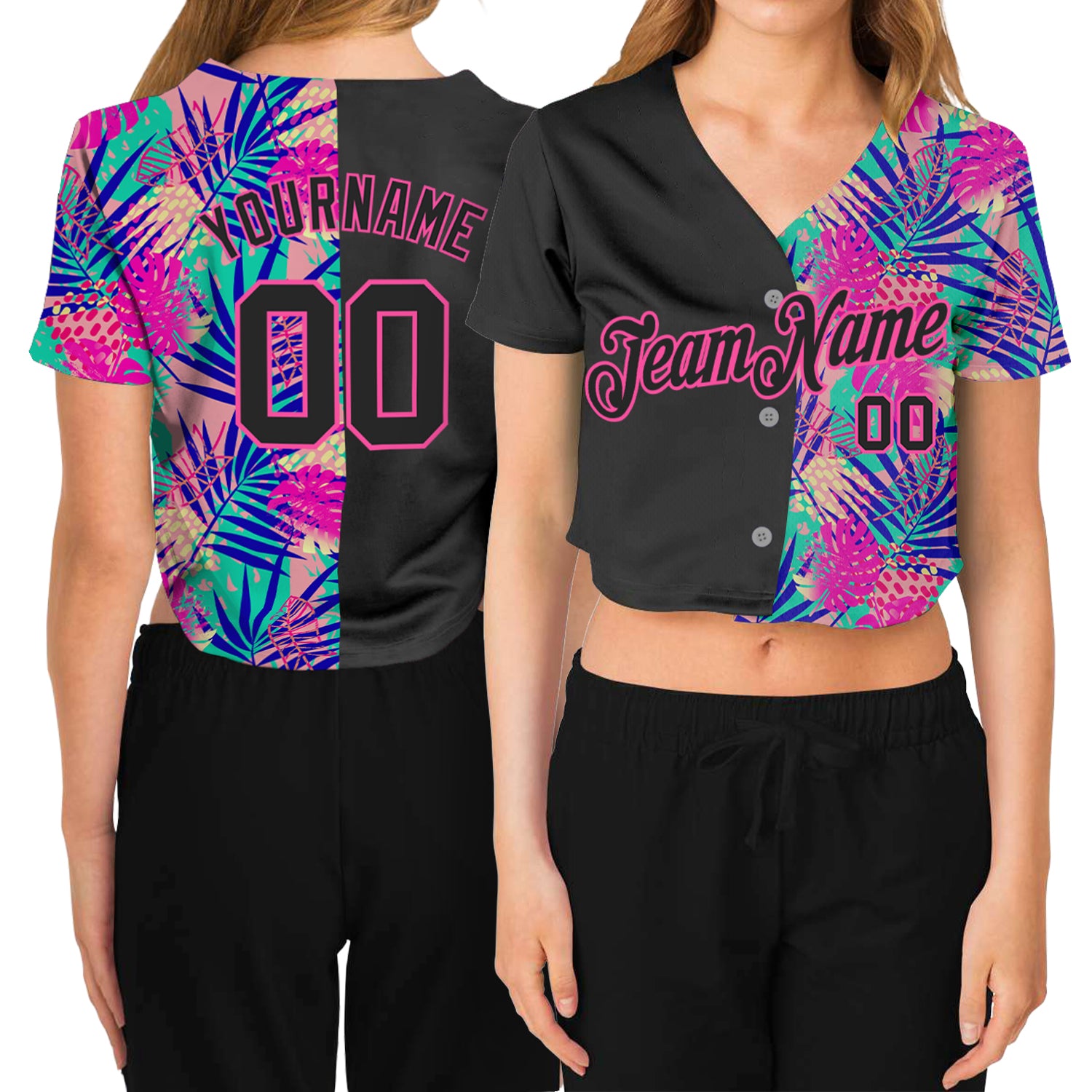 Custom Womens Black Pink 3D V-Neck Cropped Summer Baseball Jersey Custom Women's Black Black-Pink Summer 3D V-Neck Cropped