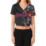 Custom Womens Black Pink Tropical Palm Leaves 3D V-Neck Cropped Jersey Baseball Custom Women's Black Black-Pink Tropical