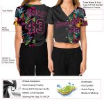 Custom Womens Black Pink Tropical Palm Leaves 3D V-Neck Cropped Jersey Baseball Custom Women's Black Black-Pink Tropical