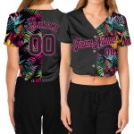 Custom Womens Black Pink Tropical Palm Leaves 3D V-Neck Cropped Jersey Baseball Custom Women's Black Black-Pink Tropical