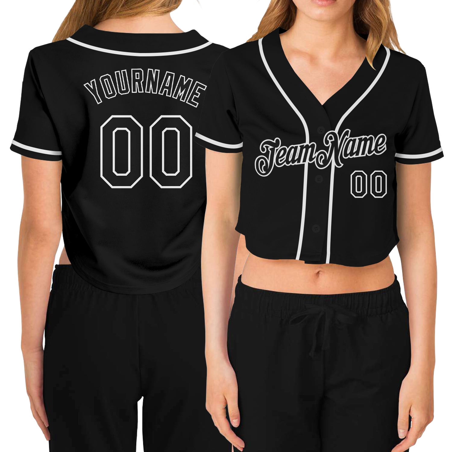 Womens Custom Black White V-Neck Cropped Baseball Jersey Custom Women's Black Black-White V-Neck Cropped Baseball Jersey