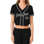 Womens Custom Black White V-Neck Cropped Baseball Jersey Custom Women's Black Black-White V-Neck Cropped Baseball Jersey