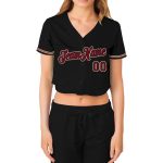 Womens Custom Black Crimson-City V-Neck Cropped Baseball Jersey Custom Women's Black Crimson-City Cream V-Neck Cropped Baseball