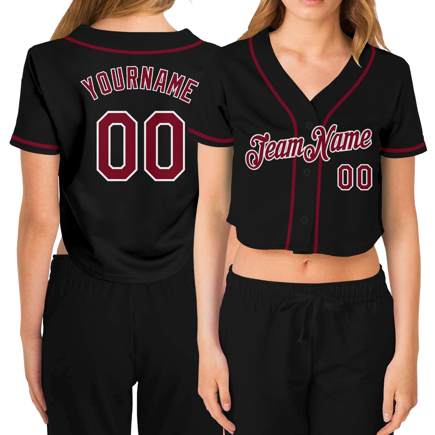 Black Crimson-White V-Neck Cropped Baseball Jersey for Women - Customizable Sportswear Custom Women's Black Crimson-White