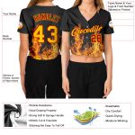 Custom Womens Black Gold Red Flame 3D V-Neck Baseball Jersey Cropped Style Custom Women's Black Gold-Red Flame 3D V-Neck