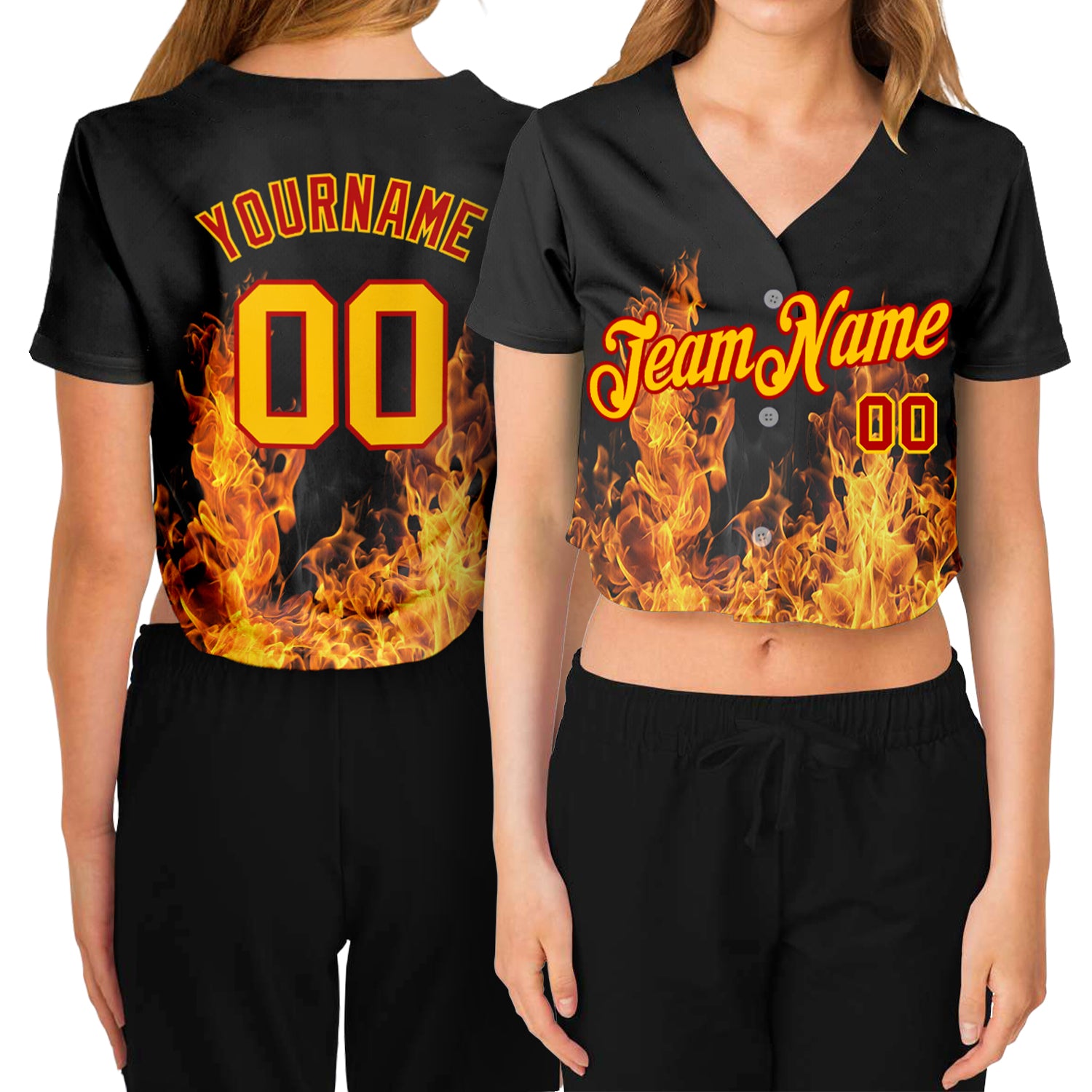 Custom Womens Black Gold Red Flame 3D V-Neck Baseball Jersey Cropped Style Custom Women's Black Gold-Red Flame 3D V-Neck