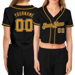 Black Custom Womens V-Neck Cropped Baseball Jersey in Gold and White Custom Women's Black Gold-White V-Neck Cropped Baseball