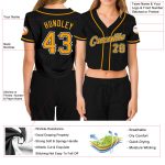 Black Custom Womens V-Neck Cropped Baseball Jersey in Gold and White Custom Women's Black Gold-White V-Neck Cropped Baseball