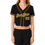 Black Custom Womens V-Neck Cropped Baseball Jersey in Gold and White Custom Women's Black Gold-White V-Neck Cropped Baseball