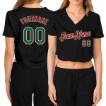 Custom Womens Cropped Baseball Jersey - Black Kelly Green Red-White V-Neck Custom Women's Black Kelly Green Red-White V-Neck