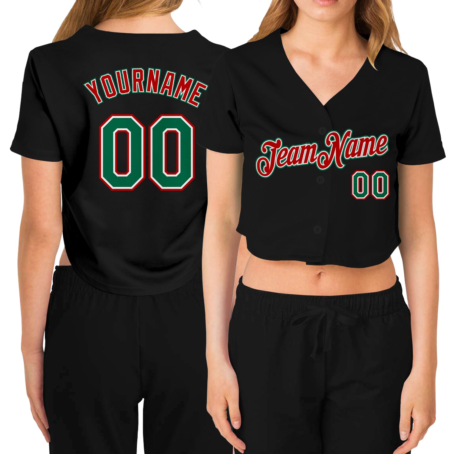 Custom Womens Cropped Baseball Jersey - Black Kelly Green Red-White V-Neck Custom Women's Black Kelly Green Red-White V-Neck