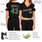 Custom Womens Cropped Baseball Jersey - Black Kelly Green Red-White V-Neck Custom Women's Black Kelly Green Red-White V-Neck