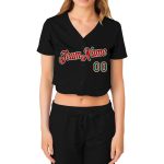 Custom Womens Cropped Baseball Jersey - Black Kelly Green Red-White V-Neck Custom Women's Black Kelly Green Red-White V-Neck