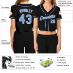 Custom Womens V-Neck Baseball Jersey - Black Light Blue White Cropped Design Custom Women's Black Light Blue-White V-Neck