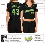 Custom Womens V-Neck Cropped Baseball Jersey - Black Neon Green White Design Custom Women's Black Neon Green-White V-Neck