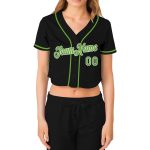 Custom Womens V-Neck Cropped Baseball Jersey - Black Neon Green White Design Custom Women's Black Neon Green-White V-Neck