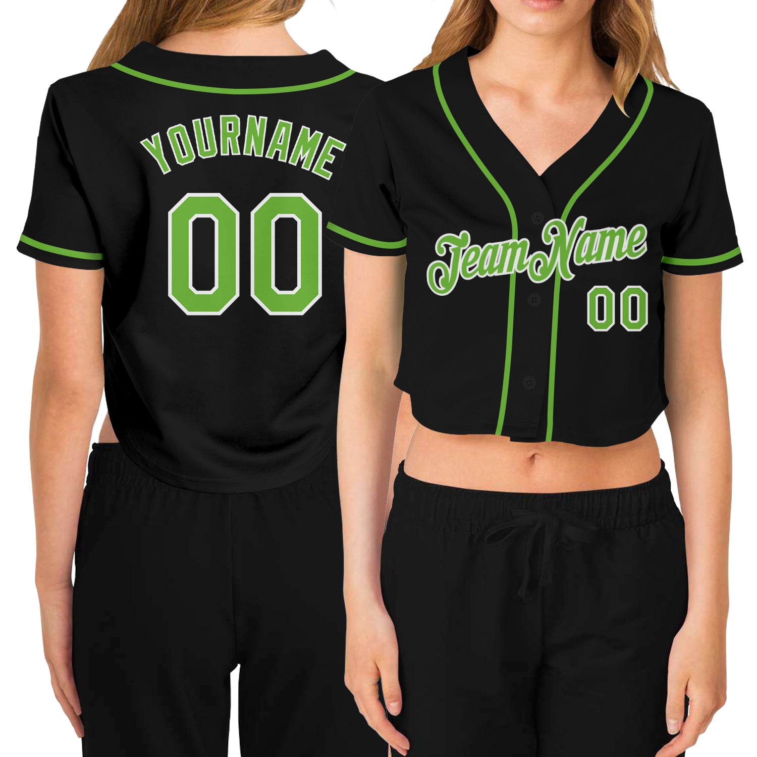 Custom Womens V-Neck Cropped Baseball Jersey - Black Neon Green White Design Custom Women's Black Neon Green-White V-Neck