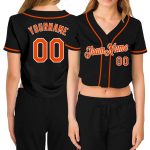Custom Womens V-Neck Baseball Jersey - Black Orange-White Cropped Design Custom Women's Black Orange-White V-Neck Cropped