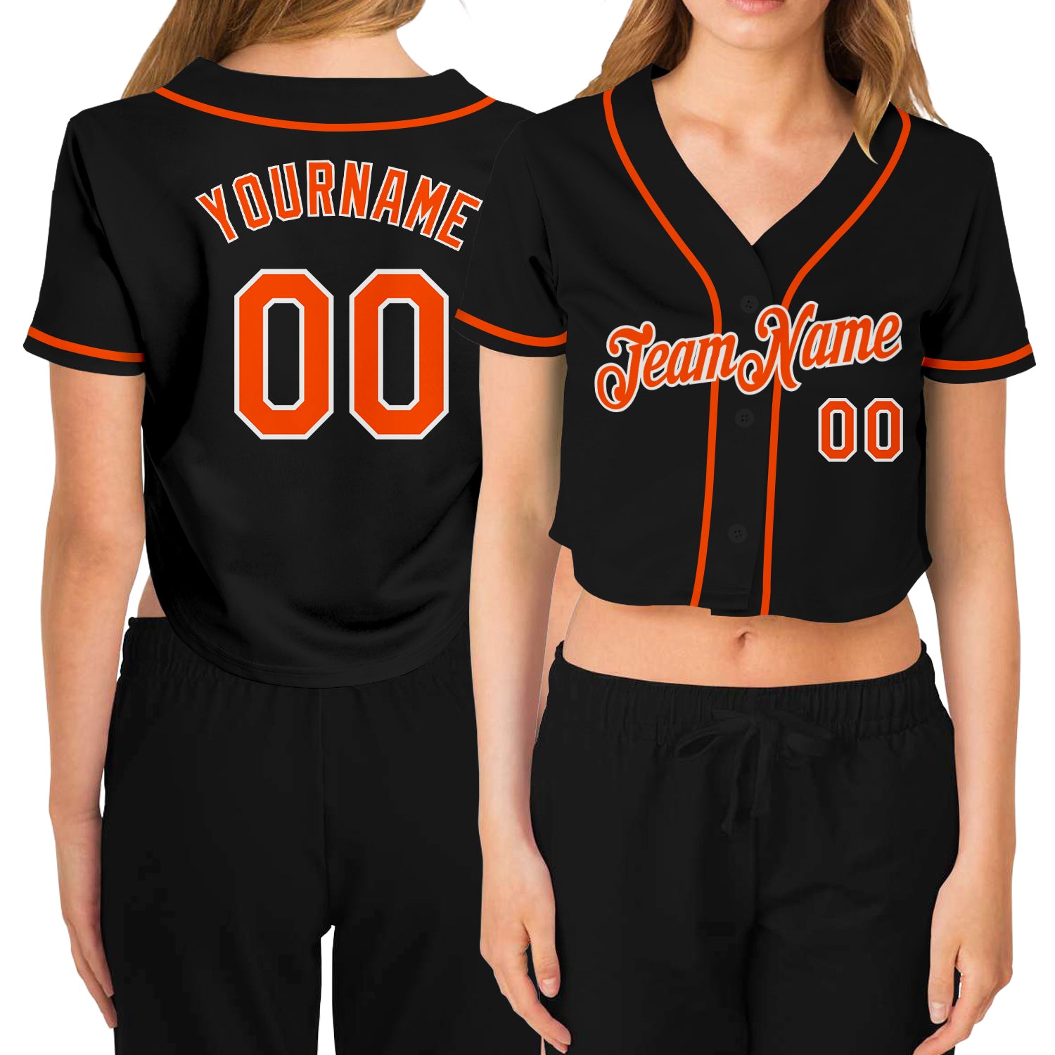 Custom Womens V-Neck Baseball Jersey - Black Orange-White Cropped Design Custom Women's Black Orange-White V-Neck Cropped