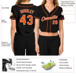 Custom Womens V-Neck Baseball Jersey - Black Orange-White Cropped Design Custom Women's Black Orange-White V-Neck Cropped