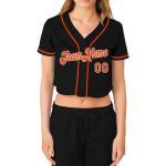 Custom Womens V-Neck Baseball Jersey - Black Orange-White Cropped Design Custom Women's Black Orange-White V-Neck Cropped