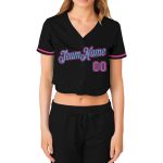 Custom Womens V-Neck Baseball Jersey - Black and Pink-Light Blue Cropped Style Custom Women's Black Pink-Light Blue V-Neck