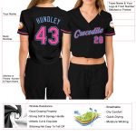 Custom Womens V-Neck Baseball Jersey - Black and Pink-Light Blue Cropped Style Custom Women's Black Pink-Light Blue V-Neck
