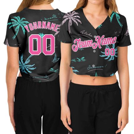 Custom Womens Hawaii Palm Trees 3D V-Neck Cropped Baseball Jersey - Black Pink-White Design Custom Women's Black Pink-White
