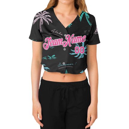 Custom Womens Hawaii Palm Trees 3D V-Neck Cropped Baseball Jersey - Black Pink-White Design Custom Women's Black Pink-White