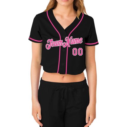 Custom Womens V-Neck Baseball Jersey Black Pink-White Cropped Design Custom Women's Black Pink-White V-Neck Cropped Baseball