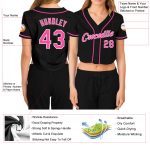 Custom Womens V-Neck Baseball Jersey Black Pink-White Cropped Design Custom Women's Black Pink-White V-Neck Cropped Baseball