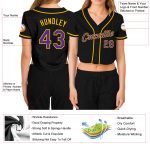 Custom Black Purple Gold V-Neck Cropped Womens Baseball Jersey Custom Women's Black Purple-Gold V-Neck Cropped Baseball Jersey